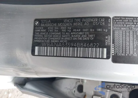 2004 BMW 525 I z USA, uszkodzony, nr VIN WBANA53594B846822